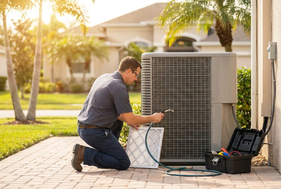 HVAC technician kneeling beside an outdoor AC unit, cleaning it outside a Florida home